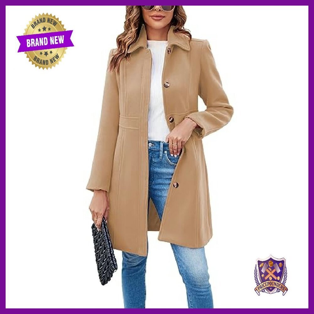 Women's Wool Blend Pea Coat Single Breasted Mid-Length Office Work - Picture 2 of 7